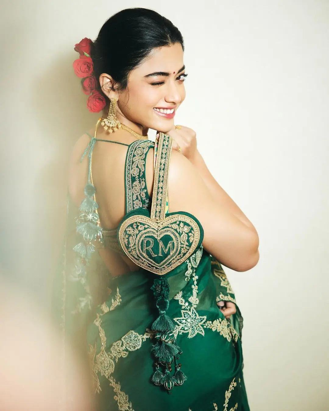 Rashmika Mandanna In Green Saree Sleeveless Blouse